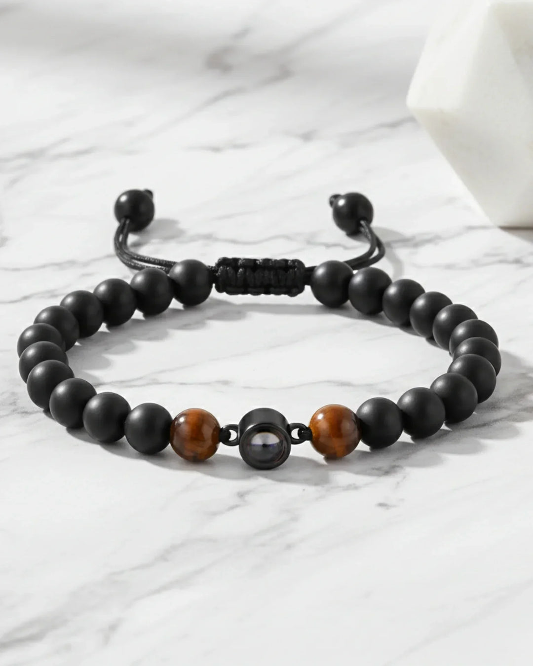 Pulsera hombre con foto dentro – cuentas de piedra volcánica natural, regalo para él