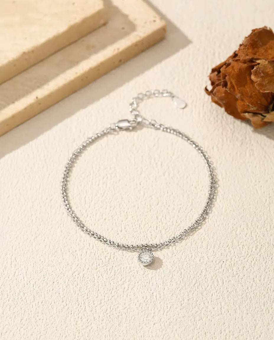 Pulsera de Moissanita con Colgante - piedra de 0,50 ct engastada en bisel sobre cadena doble de plata 925, 16+3 cm