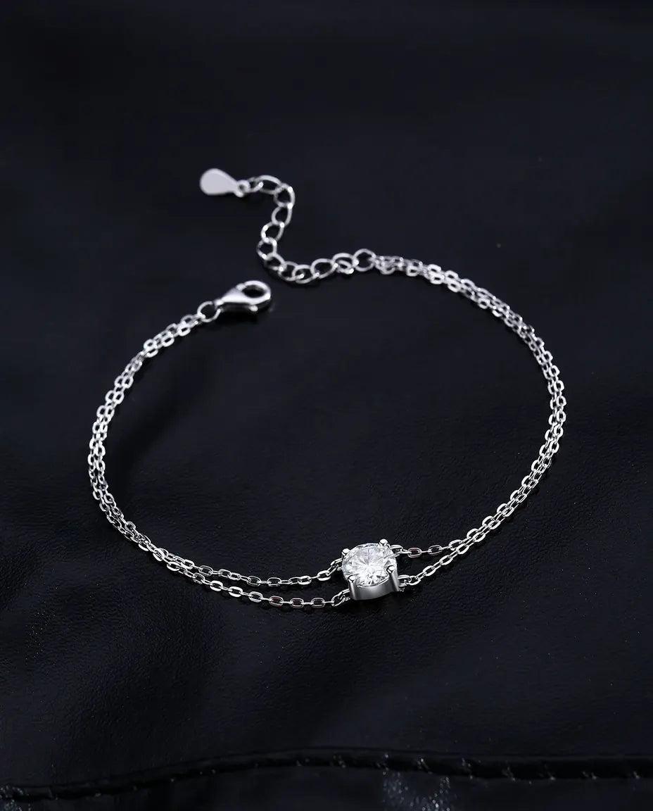 Pulsera de Moissanita de Doble Cadena – moissanita de 1 ct color D en plata de ley 925, regulable