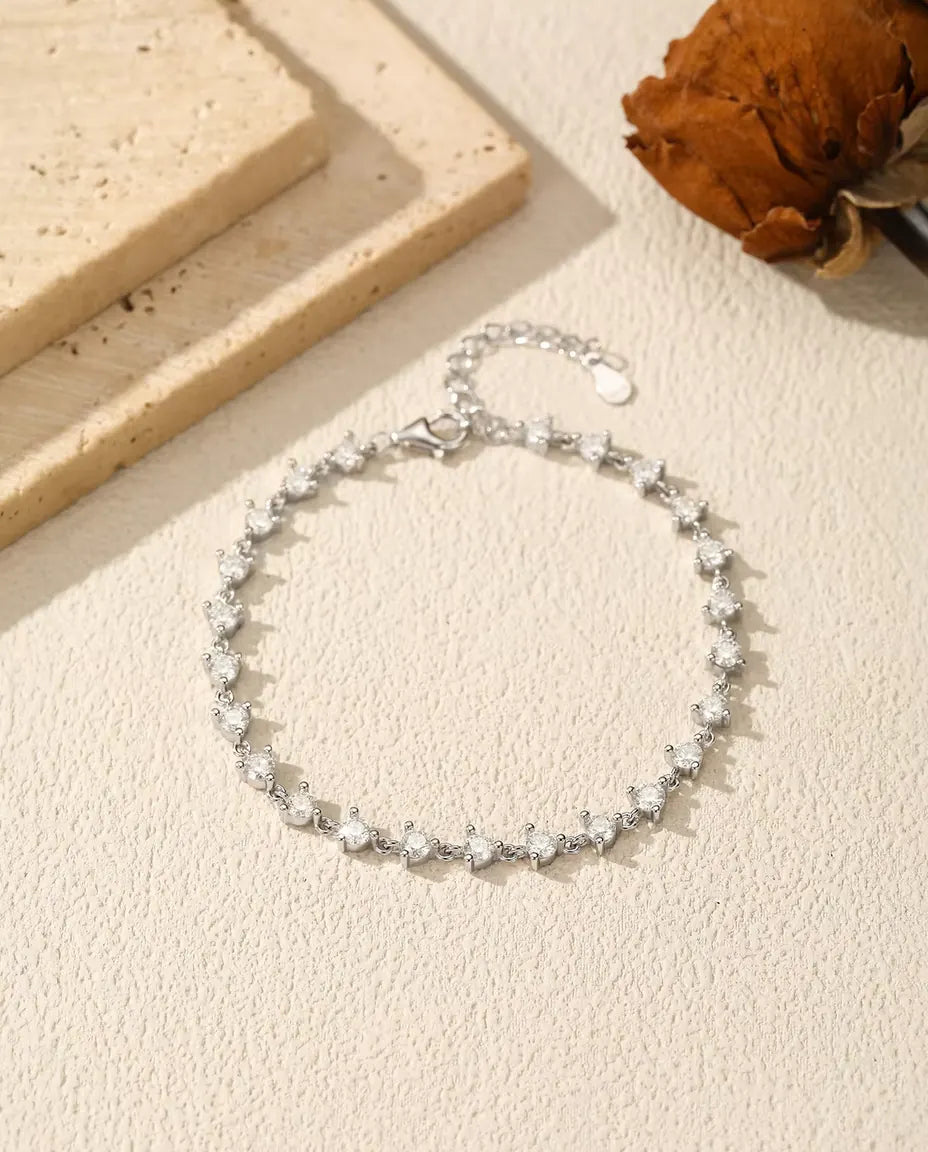 Pulsera de moissanita - 24 piedras redondas color D engastadas una a una, plata 925, 16 cm con extensor