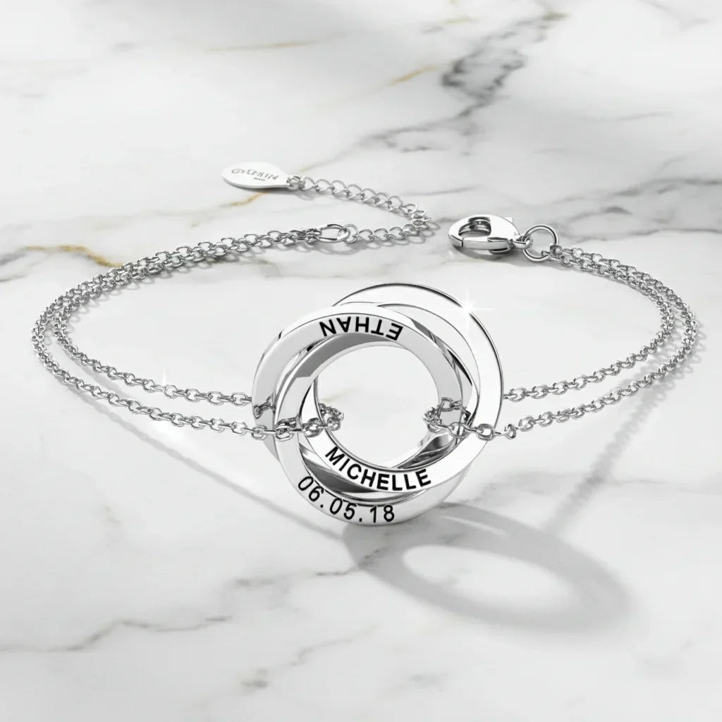 Pulsera personalizada – de 3 a 5 anillos entrelazados grabados con nombres o fechas, plata de ley 925