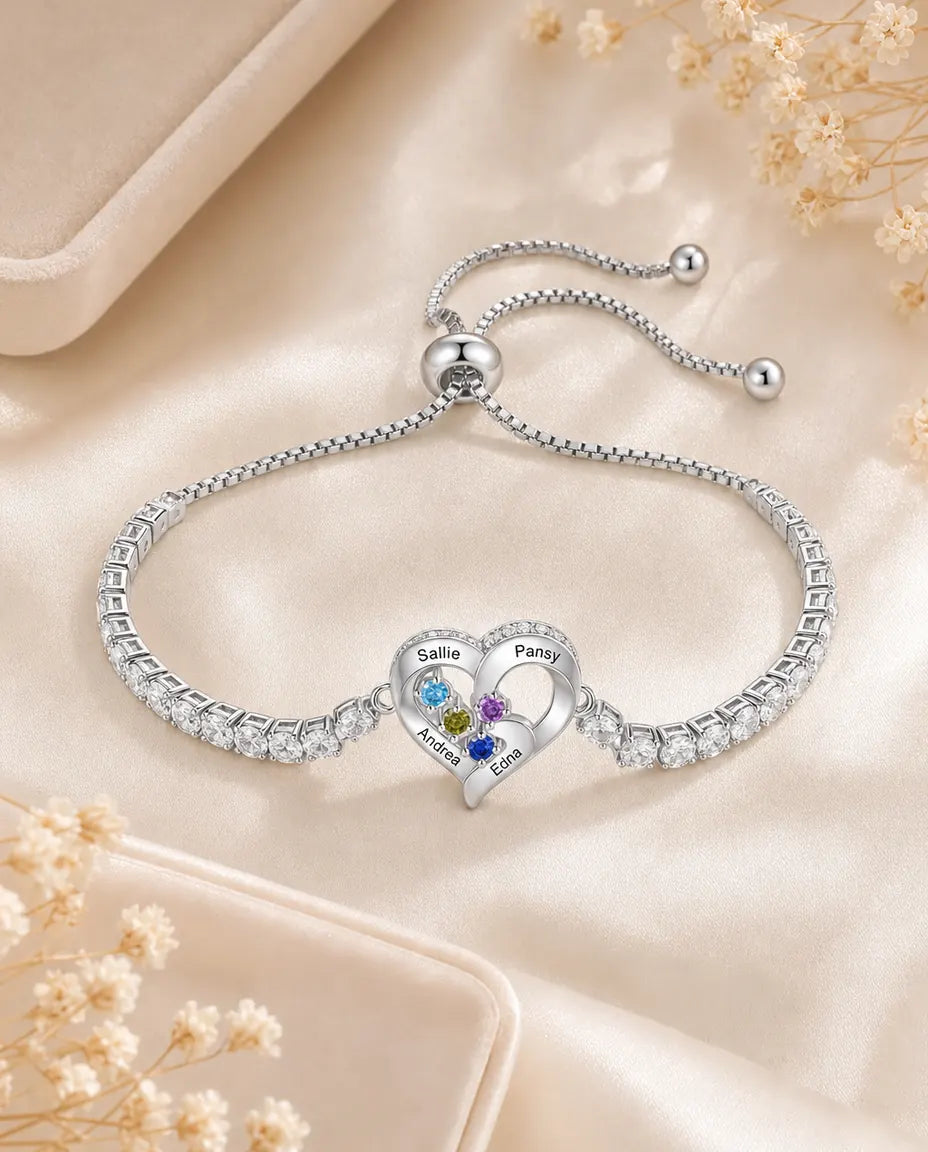 Pulsera de circonitas estilo tennis con corazón abierto – de 2 a 4 nombres grabados y sus piedras de nacimiento