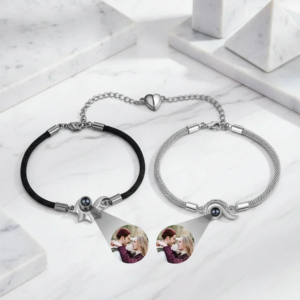 Pulseras de pareja con foto dentro – colgante caracola y cierre de corazón imantado, juego de 2, regalo de aniversario