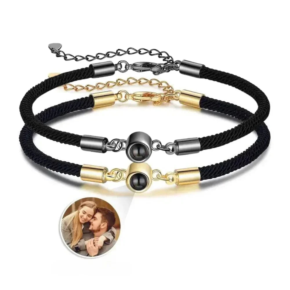 Pulseras de pareja con foto dentro – cordón de nailon ajustable en oro y negro, juego de 2, regalo para los dos