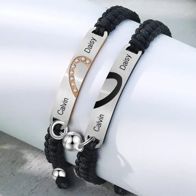 Pulseras de pareja con nombre – corazones imantados que encajan, acero inoxidable y cuerda trenzada, lote de 2