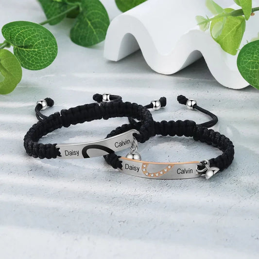 Pulseras de pareja con nombre – corazones imantados que encajan, acero inoxidable y cuerda trenzada, lote de 2