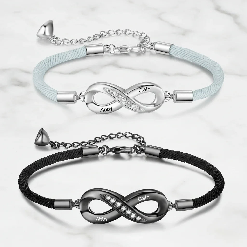 Pulseras de pareja grabadas – símbolo del infinito con vuestros nombres o la fecha, lote de 2, regalo de aniversario