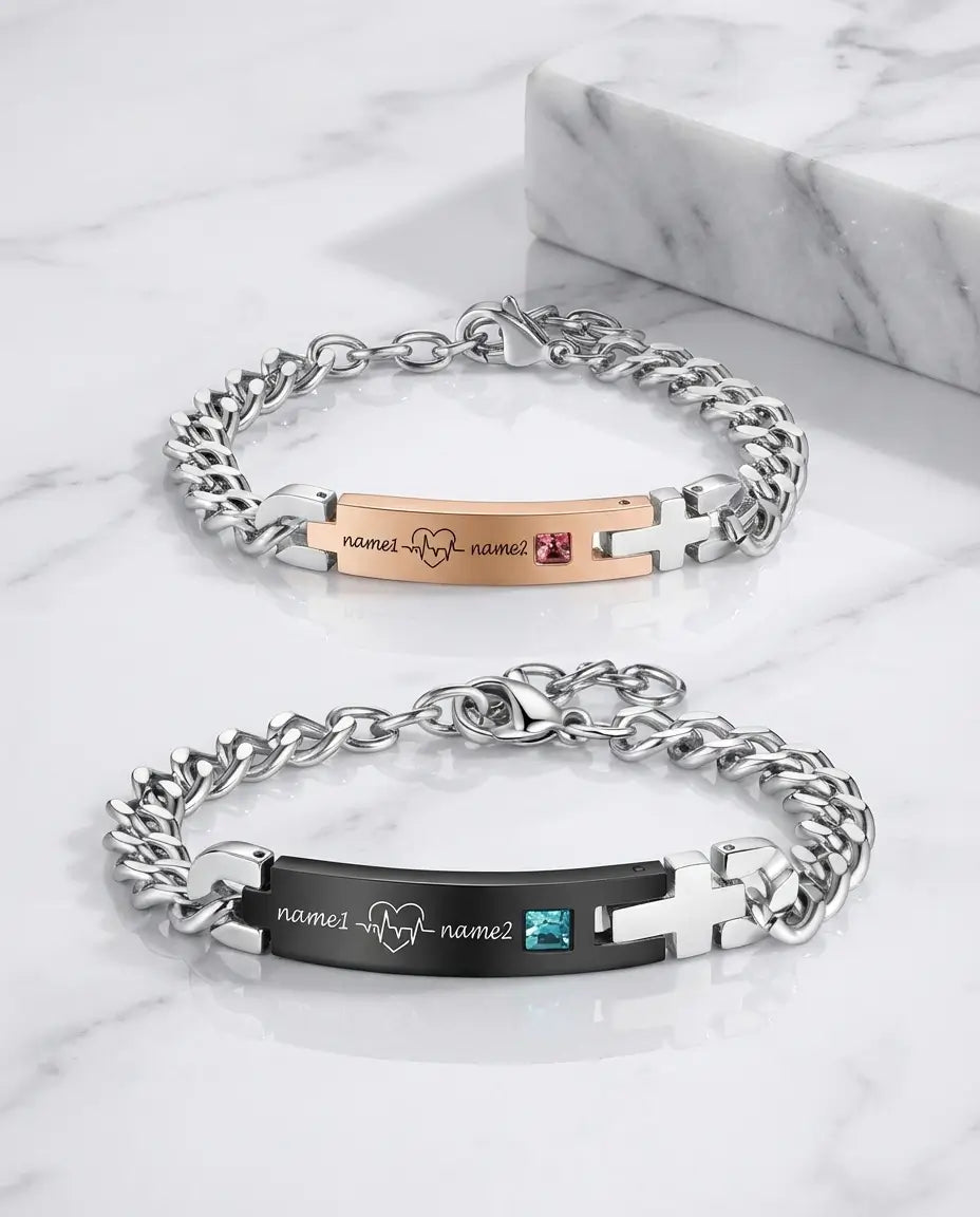 Pulseras de pareja grabadas – placa con línea de electrocardiograma en acero inoxidable, lote de 2 para ella y él