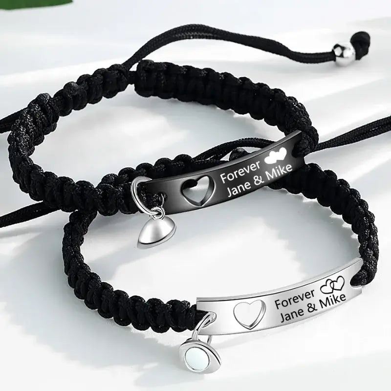 Pulseras de pareja grabadas – dúo negro y plateado en acero inoxidable, lote de 2, regalo de aniversario