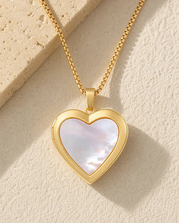 Relicario corazón de nácar para 2 fotos – baño de oro pulido, regalo personalizado