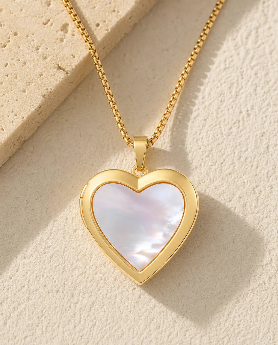 Relicario corazón de nácar para 2 fotos – baño de oro pulido, regalo personalizado