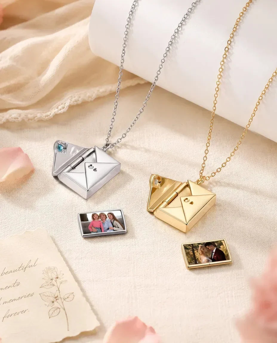 Relicario sobre con foto y piedra de nacimiento – colgante que se abre en plata o dorado, regalo para ella