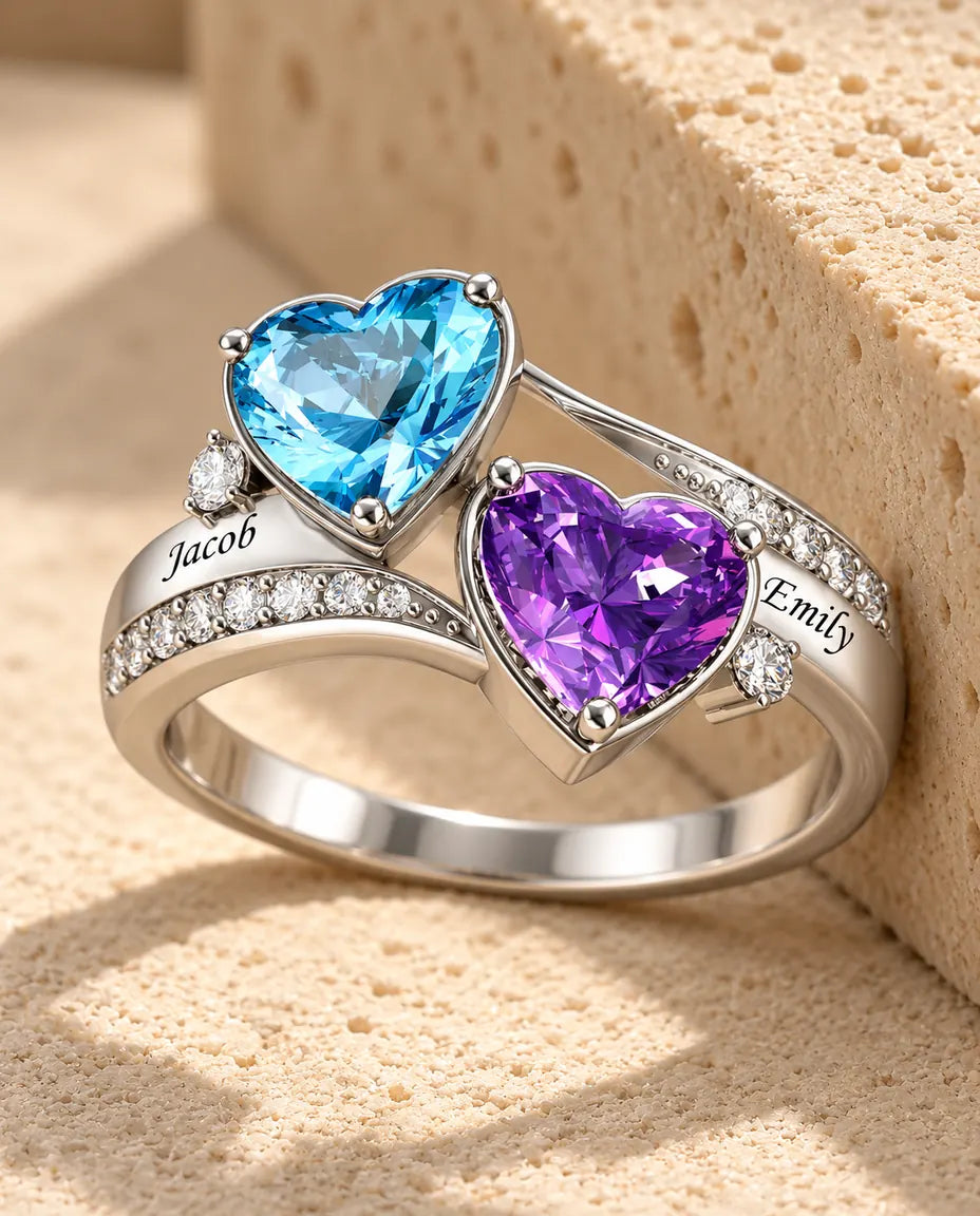 Anillo de Piedras de Nacimiento Personalizado con 2 Nombres - dos corazones - en plata de ley