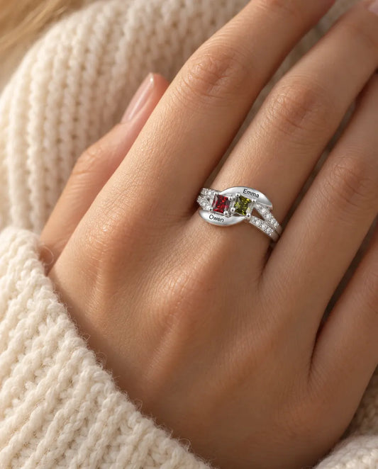 Anillo Personalizado con 2 Nombres y 2 Piedras de Nacimiento - anillo de plata de ley 925 para pareja o mamá con grabado