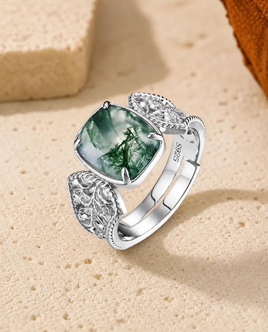 Anillo de ágata musgosa – cabujón cojín grande con filigrana tallada, plata de ley 925, anillo cóctel ajustable