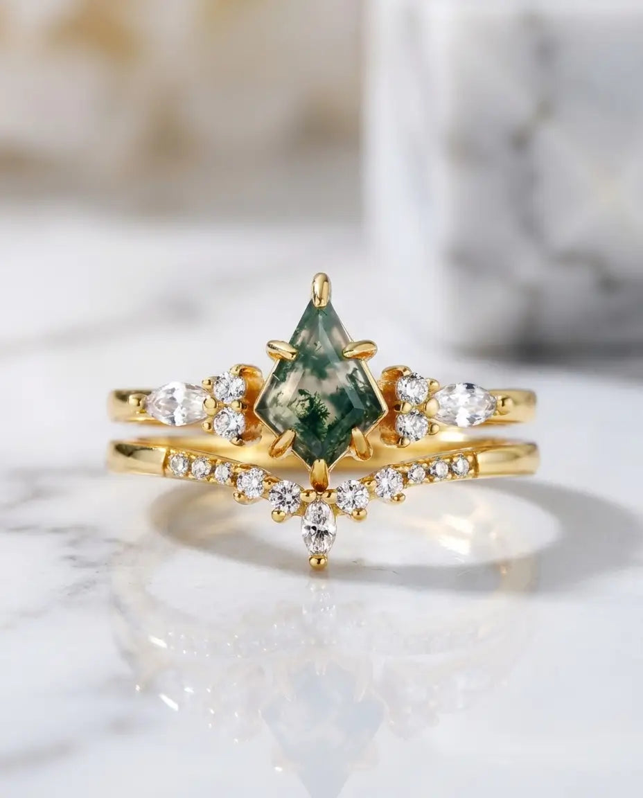 Anillo de ágata musgosa – dúo apilable talla cometa de 6x9 mm en plata de ley 925, regalo de pedida para ella