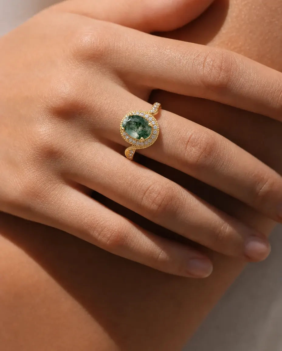 Anillo de ágata musgosa – oval talla rosa con halo de milgrain, plata de ley 925 con baño de oro 10K