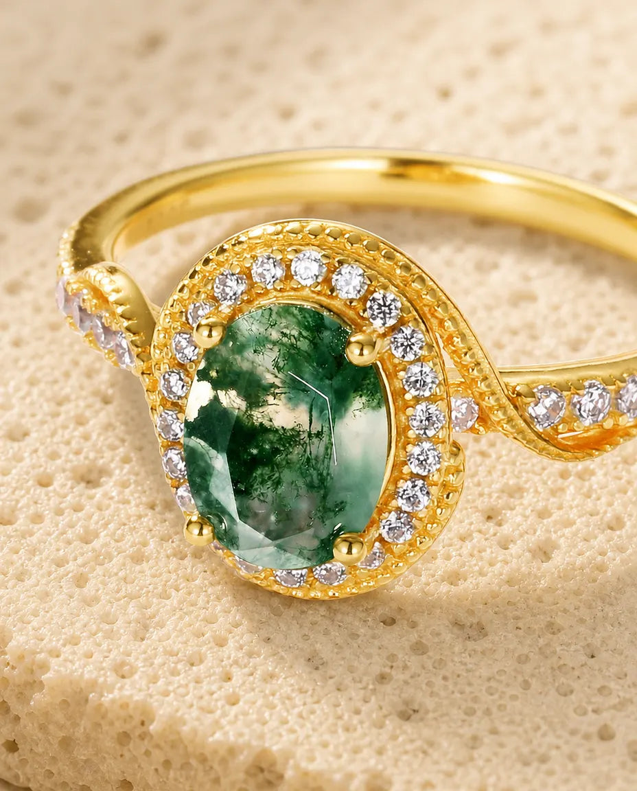 Anillo de ágata musgosa – oval talla rosa con halo de milgrain, plata de ley 925 con baño de oro 10K