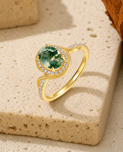 Anillo de ágata musgosa – oval talla rosa con halo de milgrain, plata de ley 925 con baño de oro 10K