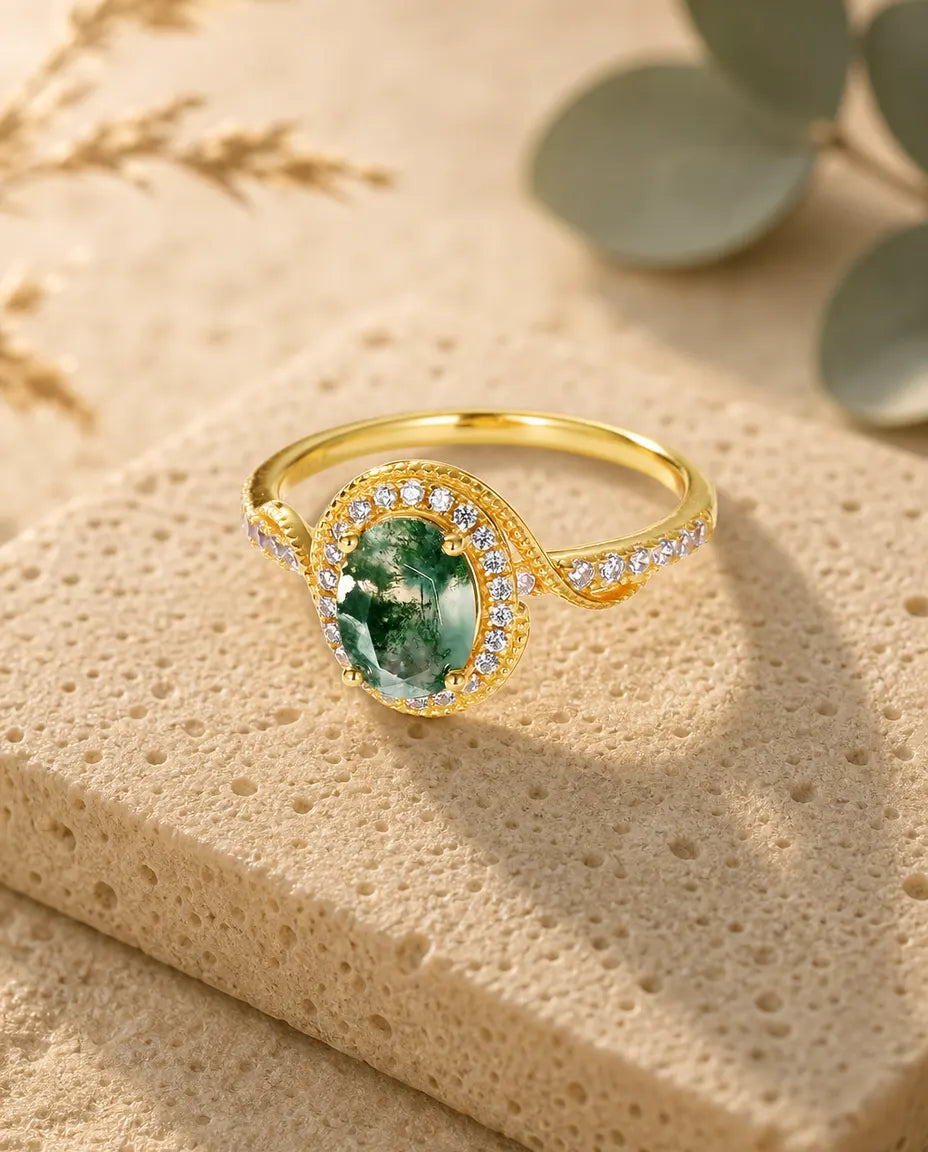 Anillo de ágata musgosa – oval talla rosa con halo de milgrain, plata de ley 925 con baño de oro 10K