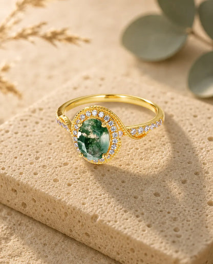 Anillo de ágata musgosa – oval talla rosa con halo de milgrain, plata de ley 925 con baño de oro 10K
