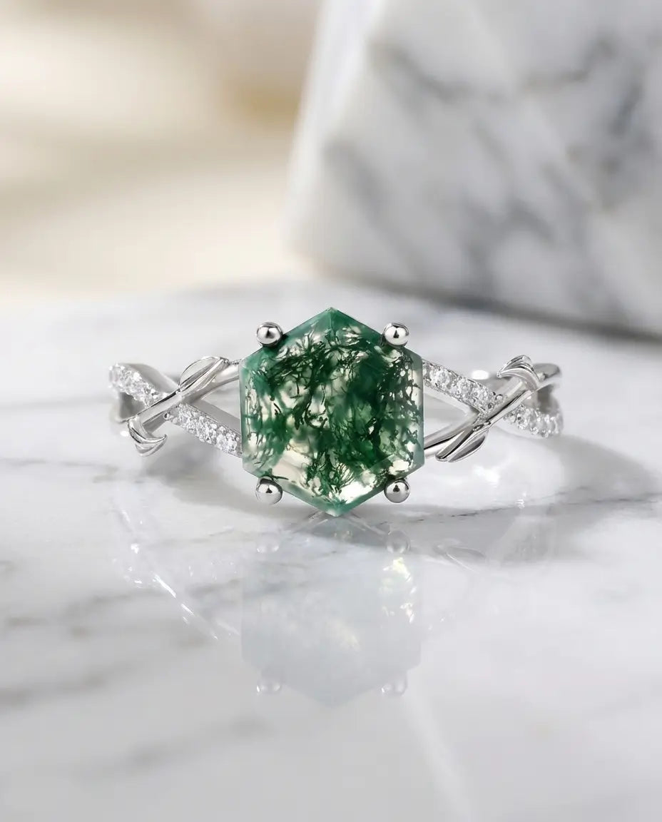 Anillo de ágata musgosa hexagonal de 8 mm – aro de vid vintage en plata de ley 925, regalo para ella
