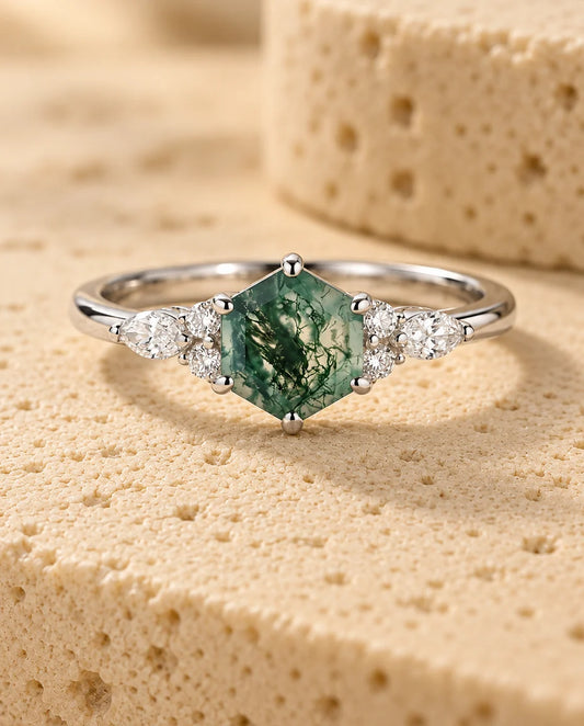 Anillo de ágata musgosa hexagonal - vista frontal