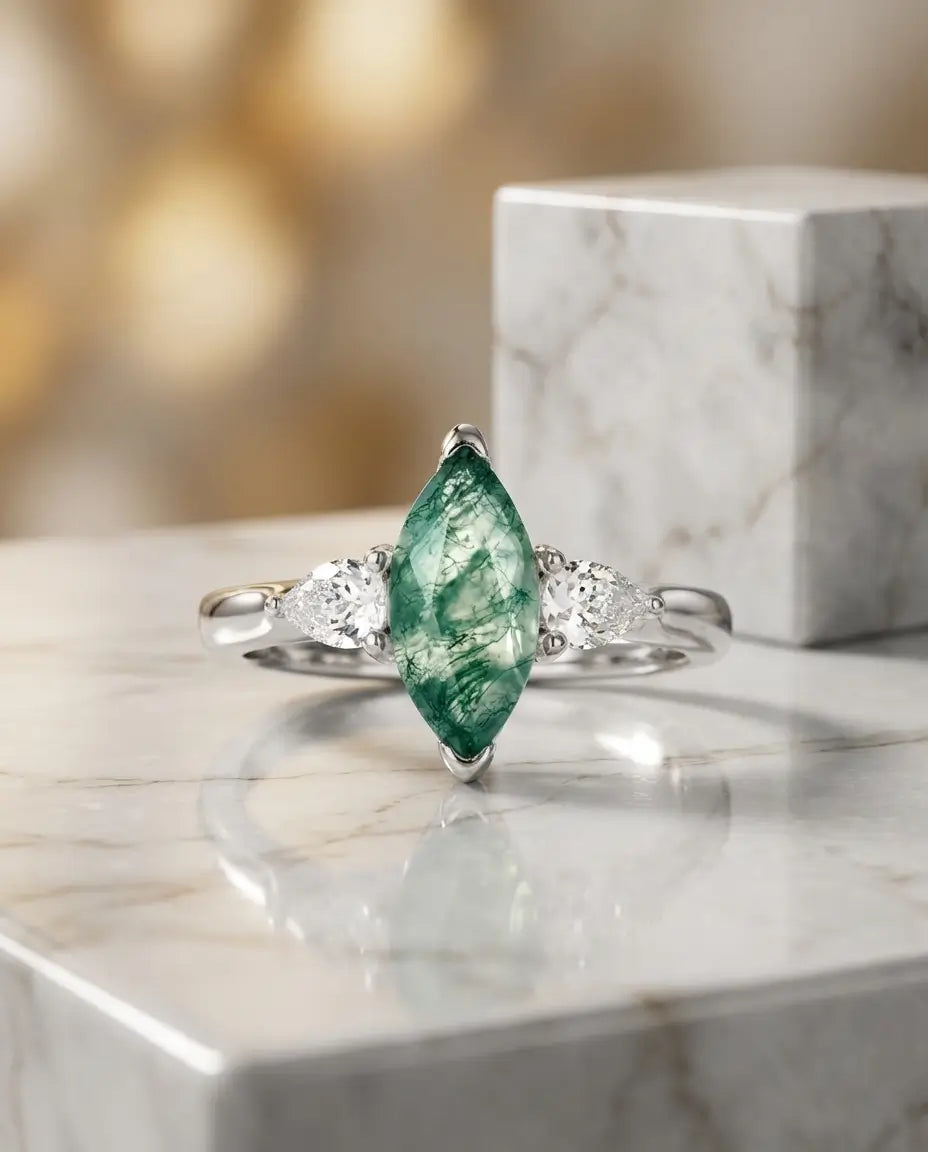 Anillo de ágata musgosa talla marquesa de 5x10 mm – trilogía vintage en plata de ley 925 con baño de oro blanco