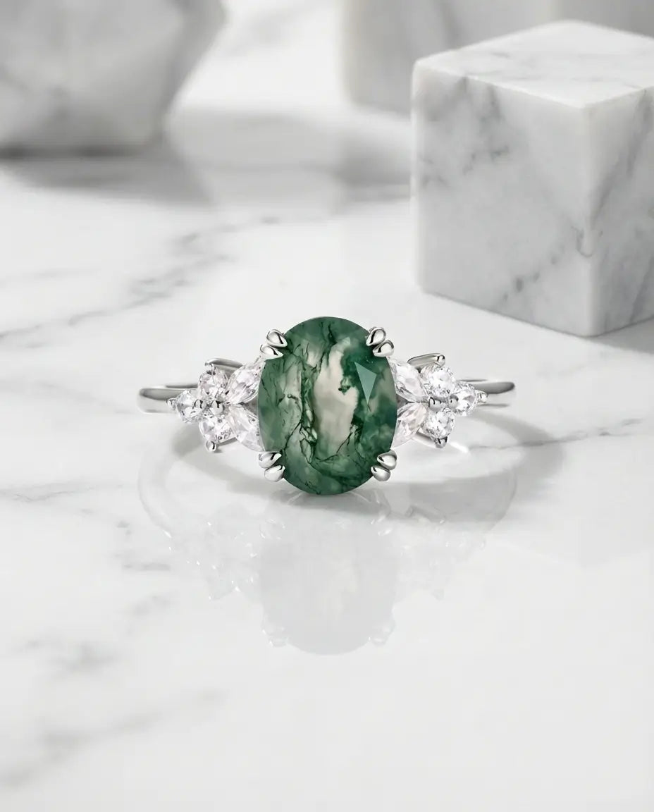 Anillo de ágata musgosa ovalada de 7x9 mm – plata de ley, piedra natural irrepetible, regalo para ella