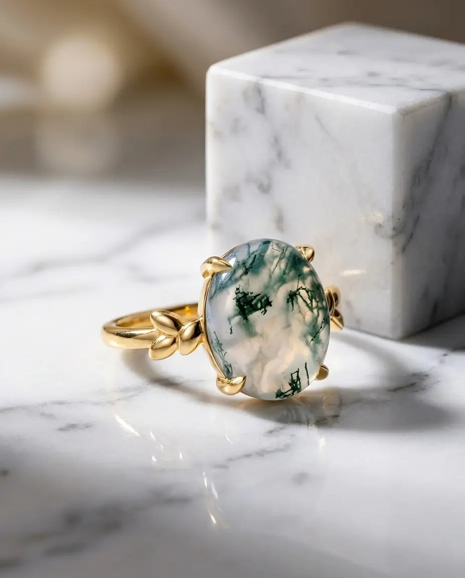 Anillo de ágata musgosa ovalada 10x12 mm – garras en forma de hoja, plata de ley 925 con baño de oro