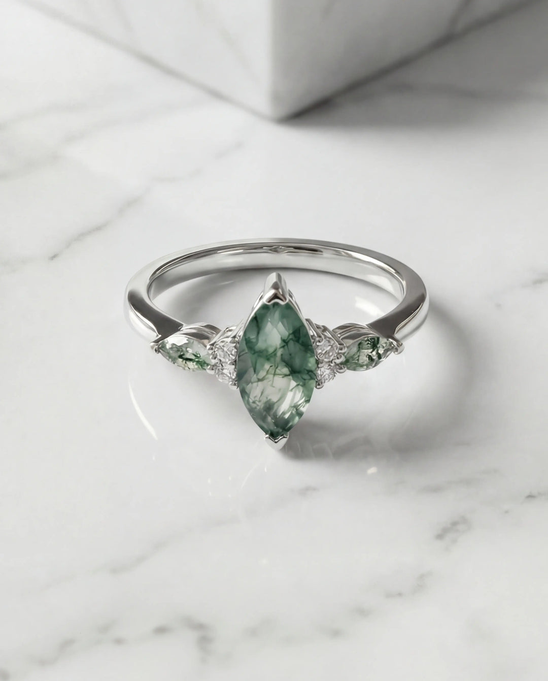 Anillo de ágata musgosa – talla marquesa en plata de ley 925, anillo de compromiso alternativo