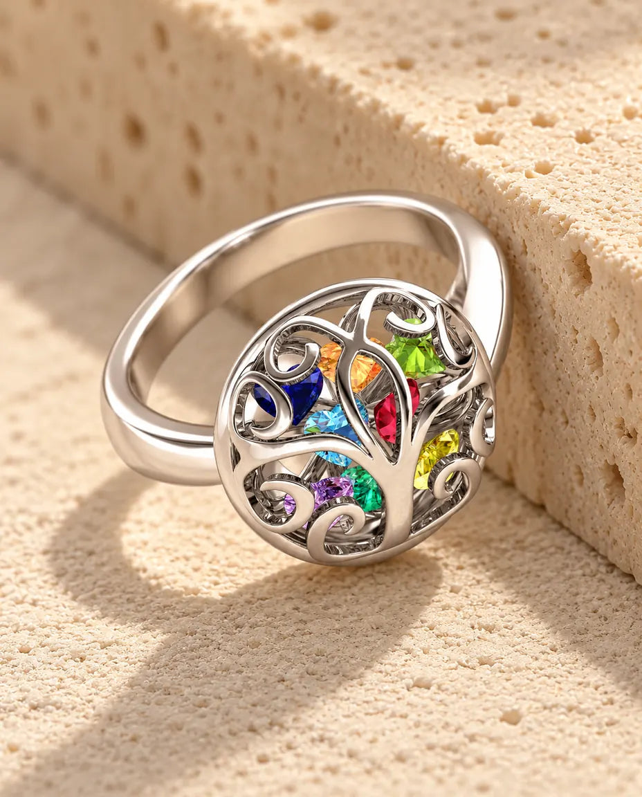 Anillo Árbol de la Vida con 9 Piedras de Nacimiento Personalizado - grabado interior - en plata de ley