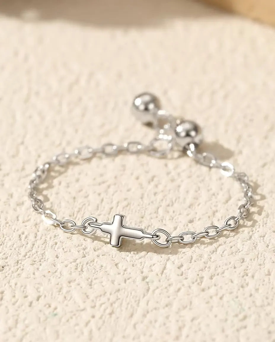 Anillo Cadena Cruz - cruz pulida de 3 x 4 mm en cadena forzada fina con bolitas correderas, ajustable, plata 925, US 3 a 9