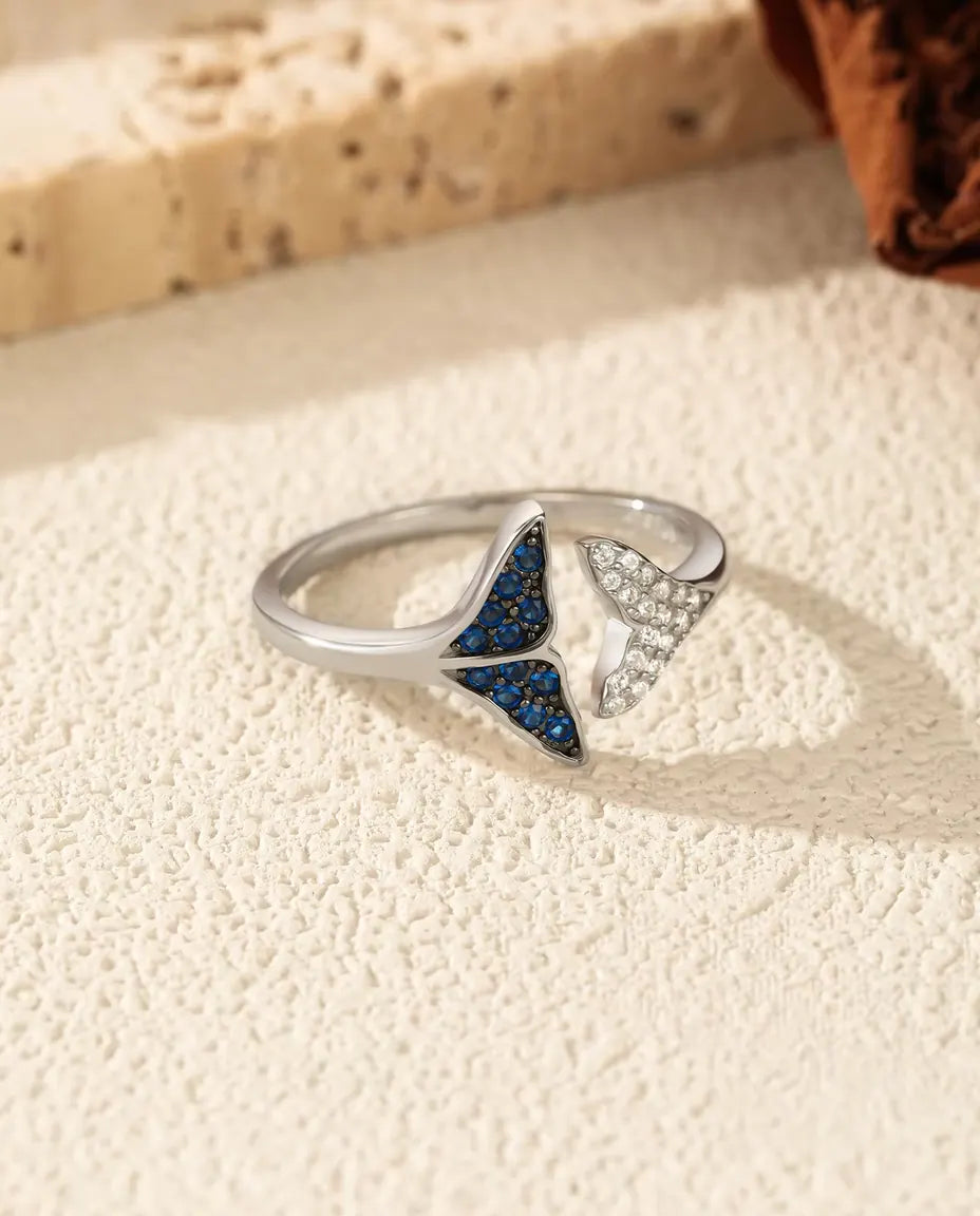 Anillo Cola de Ballena abierto ajustable - piedras azules y blancas, tallas US 6 a 9, plata de ley 925