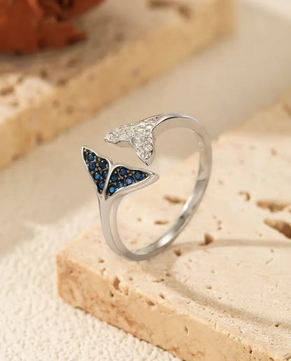 Anillo Cola de Ballena abierto ajustable - piedras azules y blancas, tallas US 6 a 9, plata de ley 925