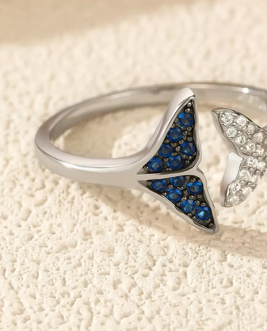 Anillo Cola de Ballena abierto ajustable - piedras azules y blancas, tallas US 6 a 9, plata de ley 925
