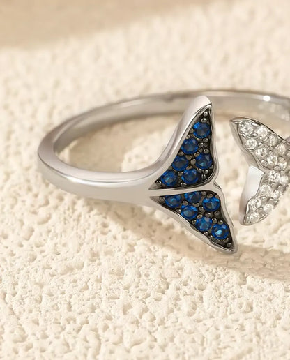 Anillo Cola de Ballena abierto ajustable - piedras azules y blancas, tallas US 6 a 9, plata de ley 925