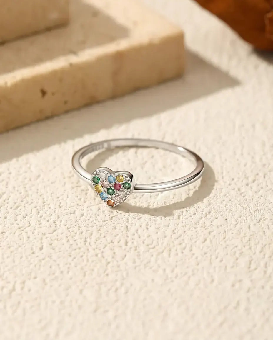 Anillo de corazón arcoíris - Plata de ley 925, corazón pavé de circonitas de colores, fino para apilar, tallas 9 a 19