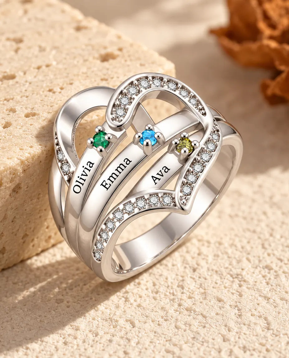 Anillo de Piedras de Nacimiento Personalizado con 3-4 Nombres y Grabado Interior - anillo familiar de corazón con nombres grabados y piedras simuladas, rodiado