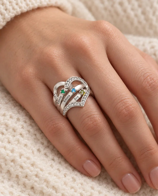 Anillo de Piedras de Nacimiento Personalizado con 3-4 Nombres y Grabado Interior - anillo familiar de corazón con nombres grabados y piedras simuladas, rodiado