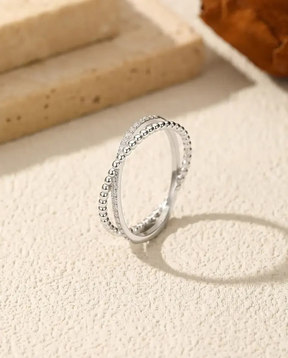 Anillo cruzado de moissanita - Plata de ley 925, aro perlado que cruza un aro pavé, fino para apilar, tallas 9 a 19