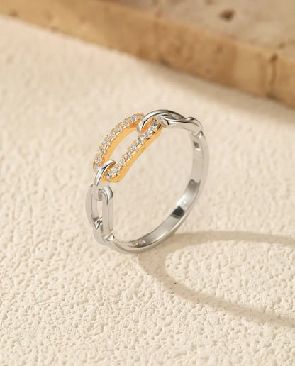 Anillo Eslabones Bicolor - eslabón dorado en pavé entre eslabones de plata, tallas 5 a 9, plata de ley 925