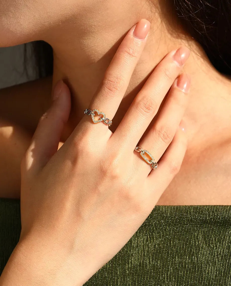 Anillo Eslabones Bicolor - eslabón dorado en pavé entre eslabones de plata, tallas 5 a 9, plata de ley 925