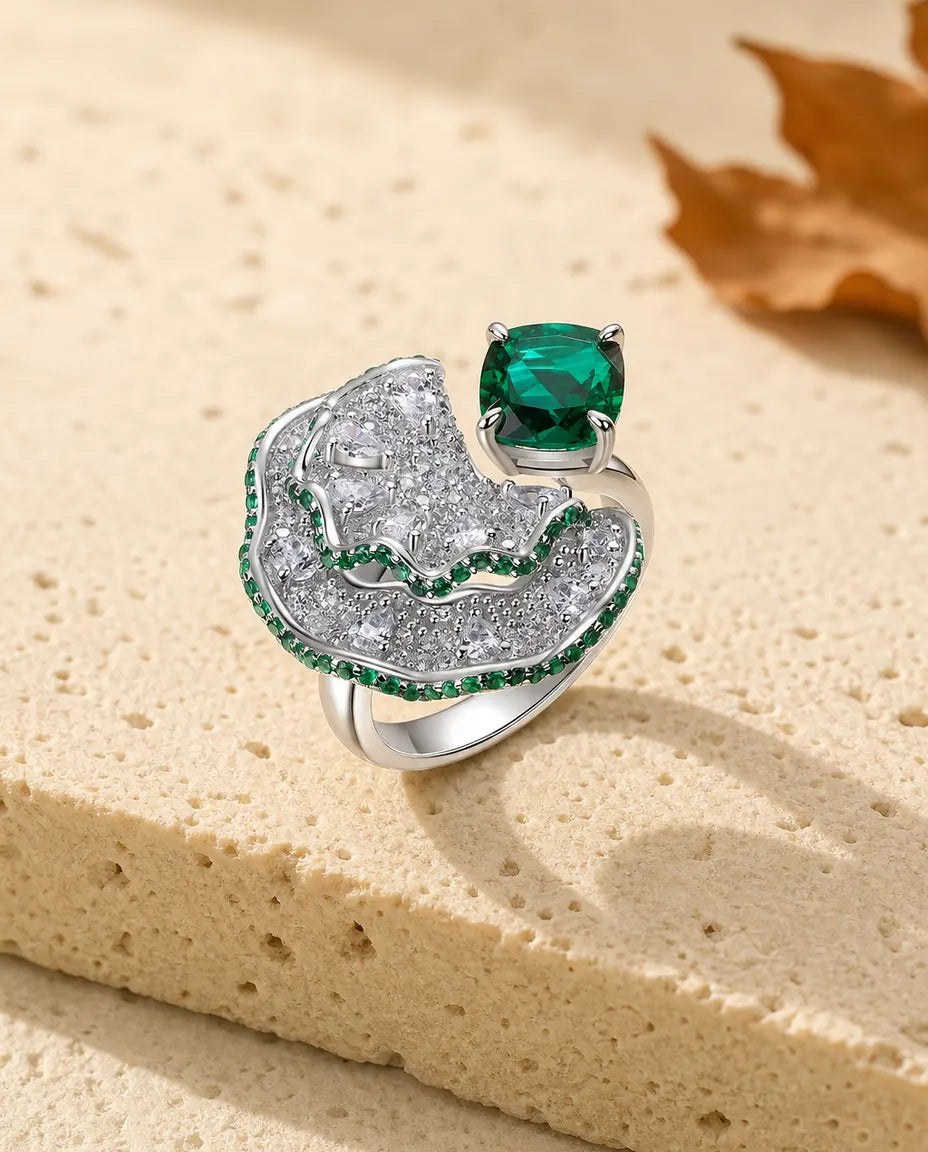 Anillo cóctel de esmeralda – abanico pavé de circonitas con esmeralda de laboratorio, plata de ley 925, aro abierto