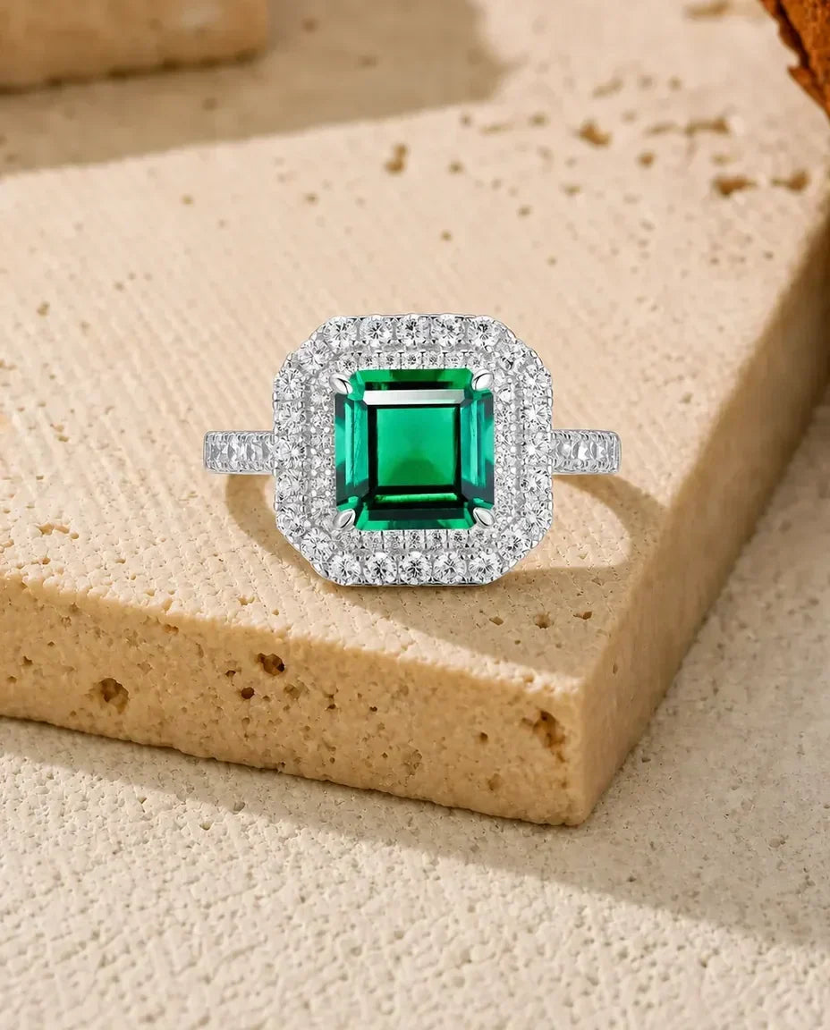Anillo de esmeralda cuadrada de 8 x 8 mm – doble halo de circonitas en plata de ley 925, regalo de aniversario