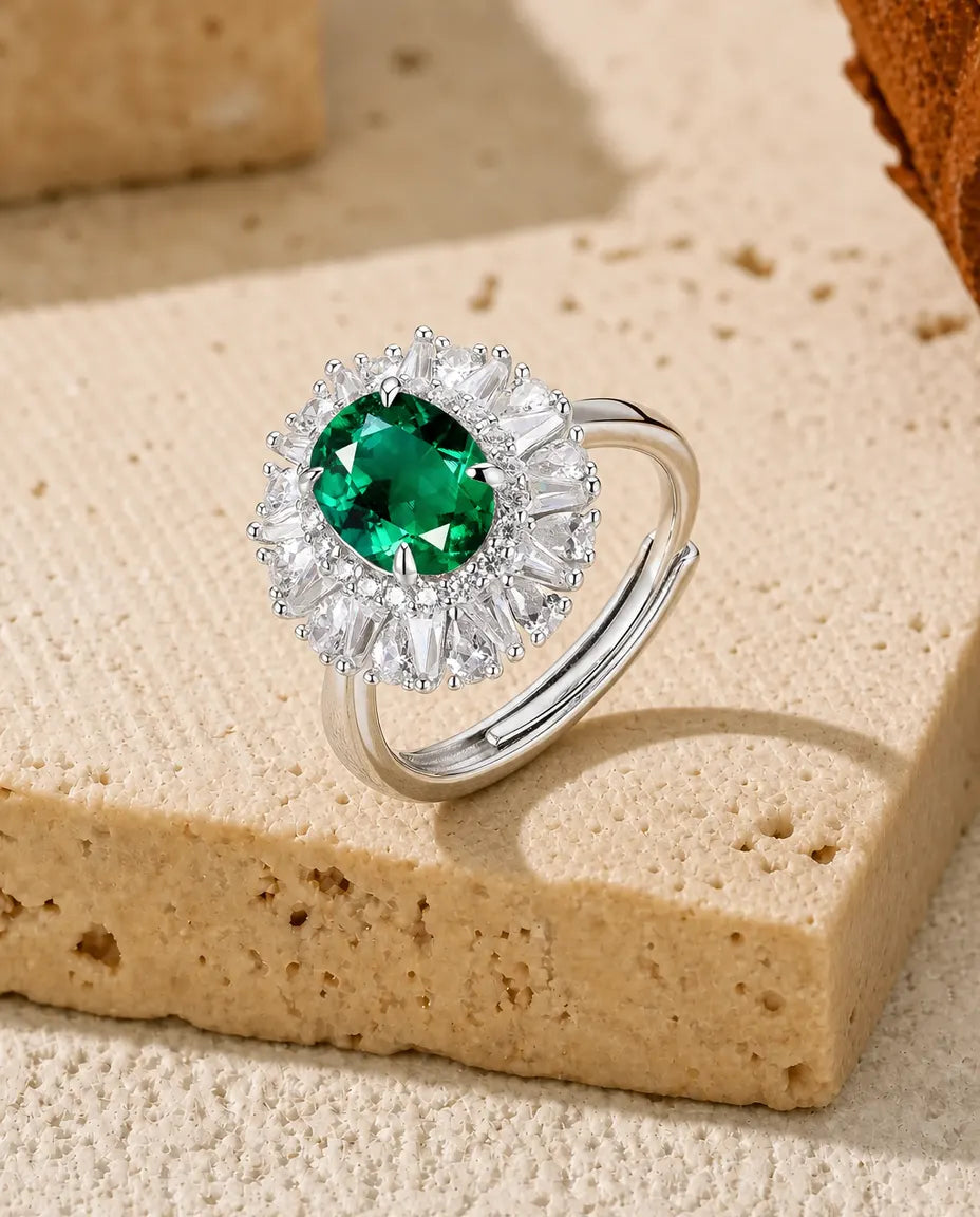 Anillo de esmeralda – óvalo verde creado en laboratorio con halo de rayos, plata de ley 925, piedra de mayo