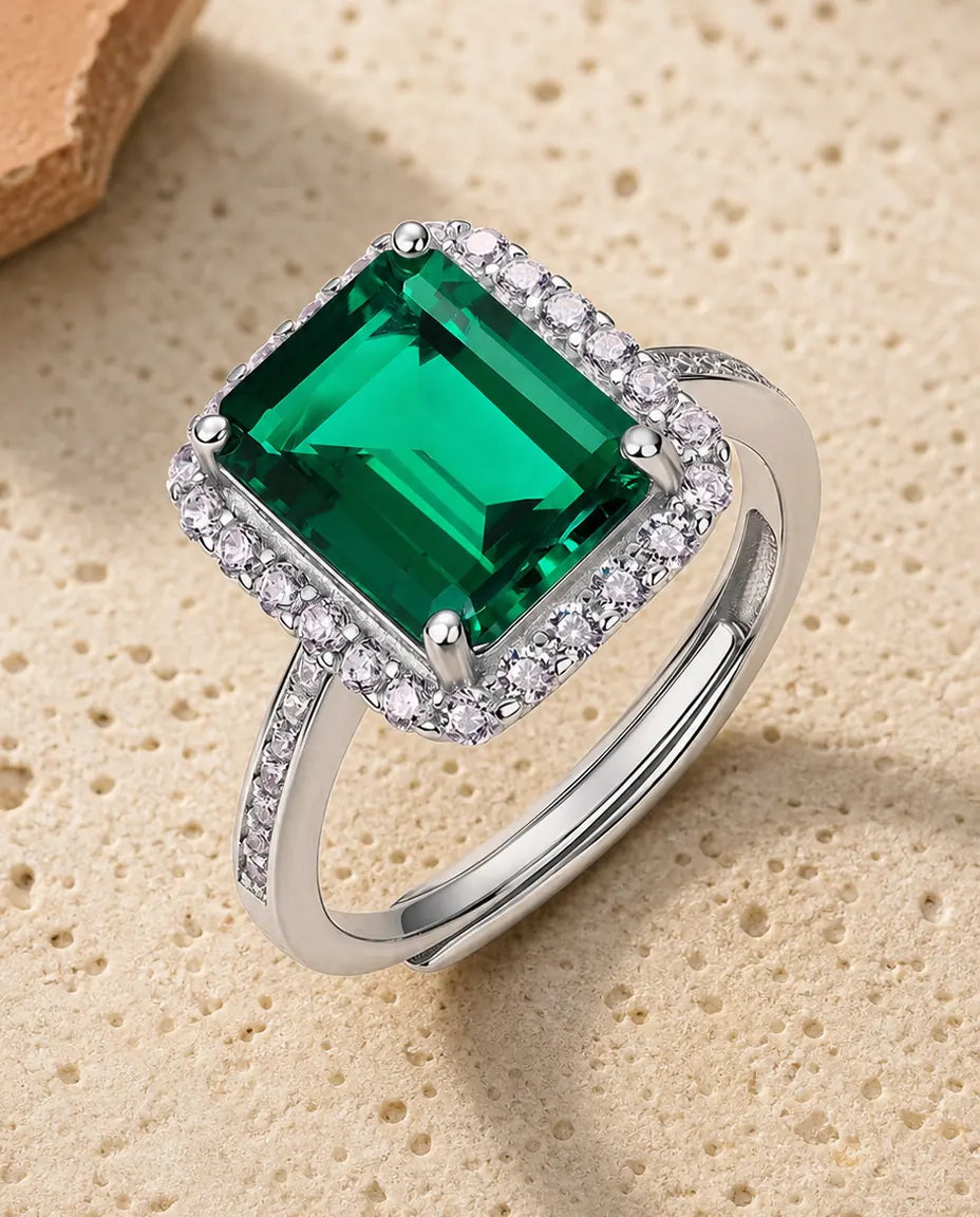 Anillo de esmeralda octogonal de 8 x 10 mm – halo de circonitas y aro ajustable de plata de ley 925