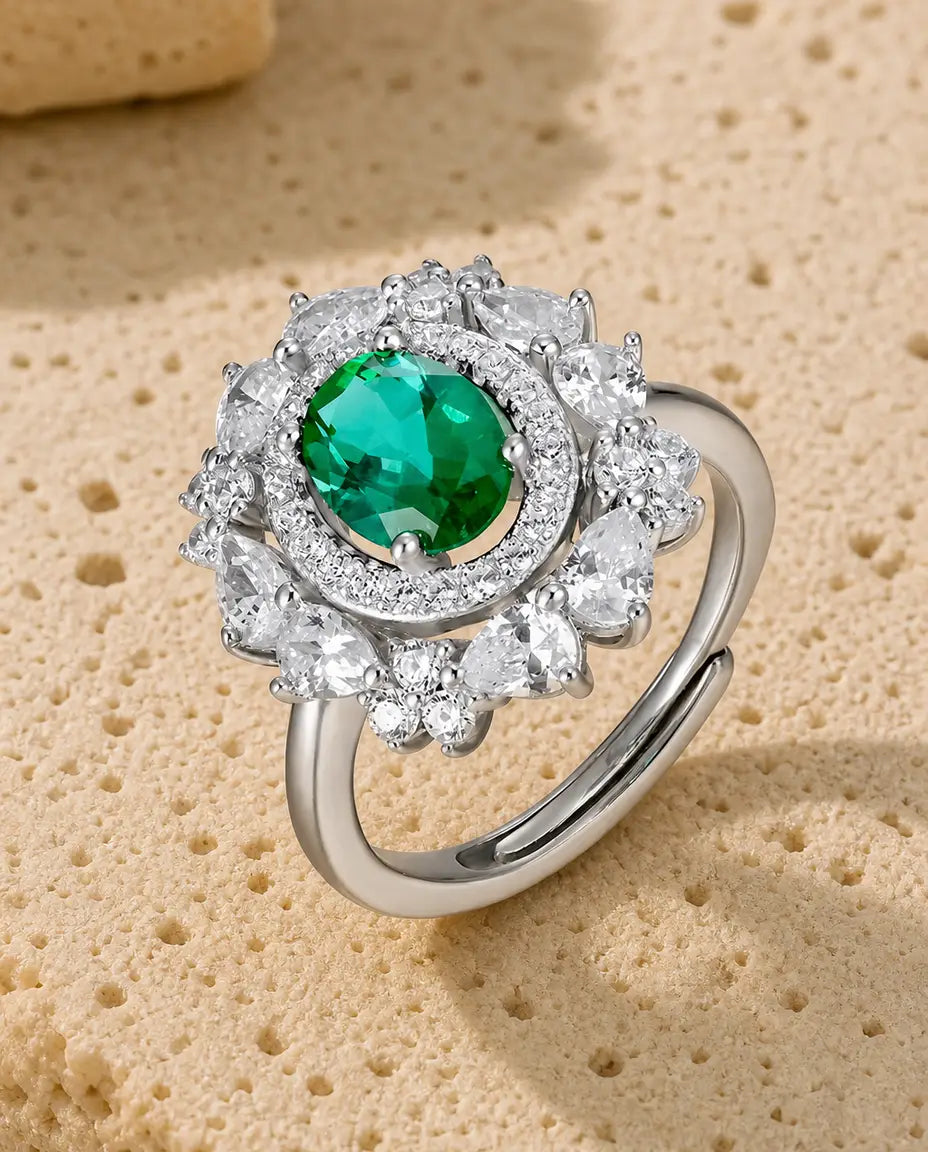 Anillo de esmeralda ovalada – doble halo vintage en plata de ley 925, aro abierto y ajustable