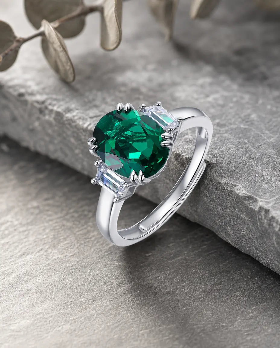 Anillo de esmeralda – solitario ovalado de 8x10 mm creado en laboratorio con baguettes laterales, plata de ley 925