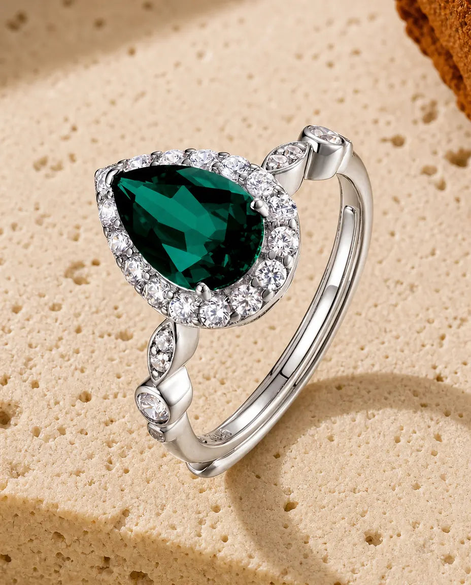 Anillo de esmeralda talla pera con halo – esmeralda creada en laboratorio, plata de ley 925 ajustable